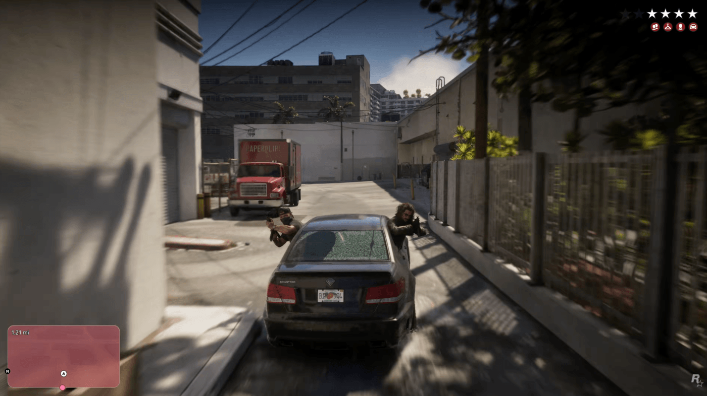 Zrzut ekranu z Extended Look GTA VI z Jasonem wychylonym z samochodu i widocznym systemem 6 gwiazdek poszukiwania